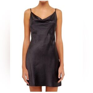 ENDLESS ROSE Black Satin Slip Mini Dress Cowl Neck Adjustable Straps LBD NWT S